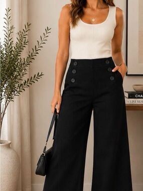 Miss Selfridge Black High-Rise Wide Leg Trousers with Button Detail